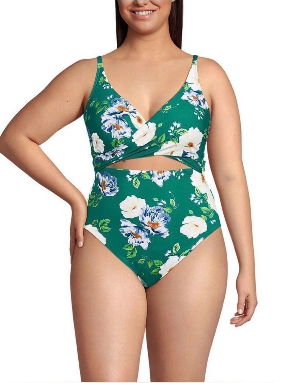 NEW Lands' End Island Emerald Petunia Floral Monokini One Piece Swimsuit Sz 16